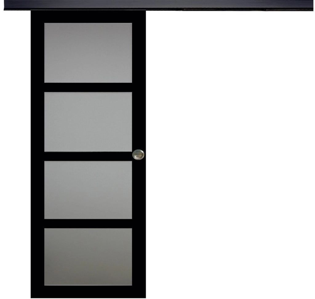 Porta scorrevole Telia nera larghezza 83 con binario in alluminio nero + 2 gusci installati