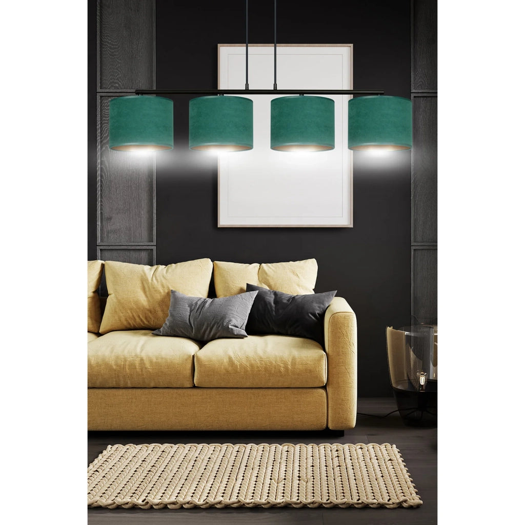 Lampadario 4 Luci Ganesha In Acciaio Nero E Paralumi In Tessuto Verde