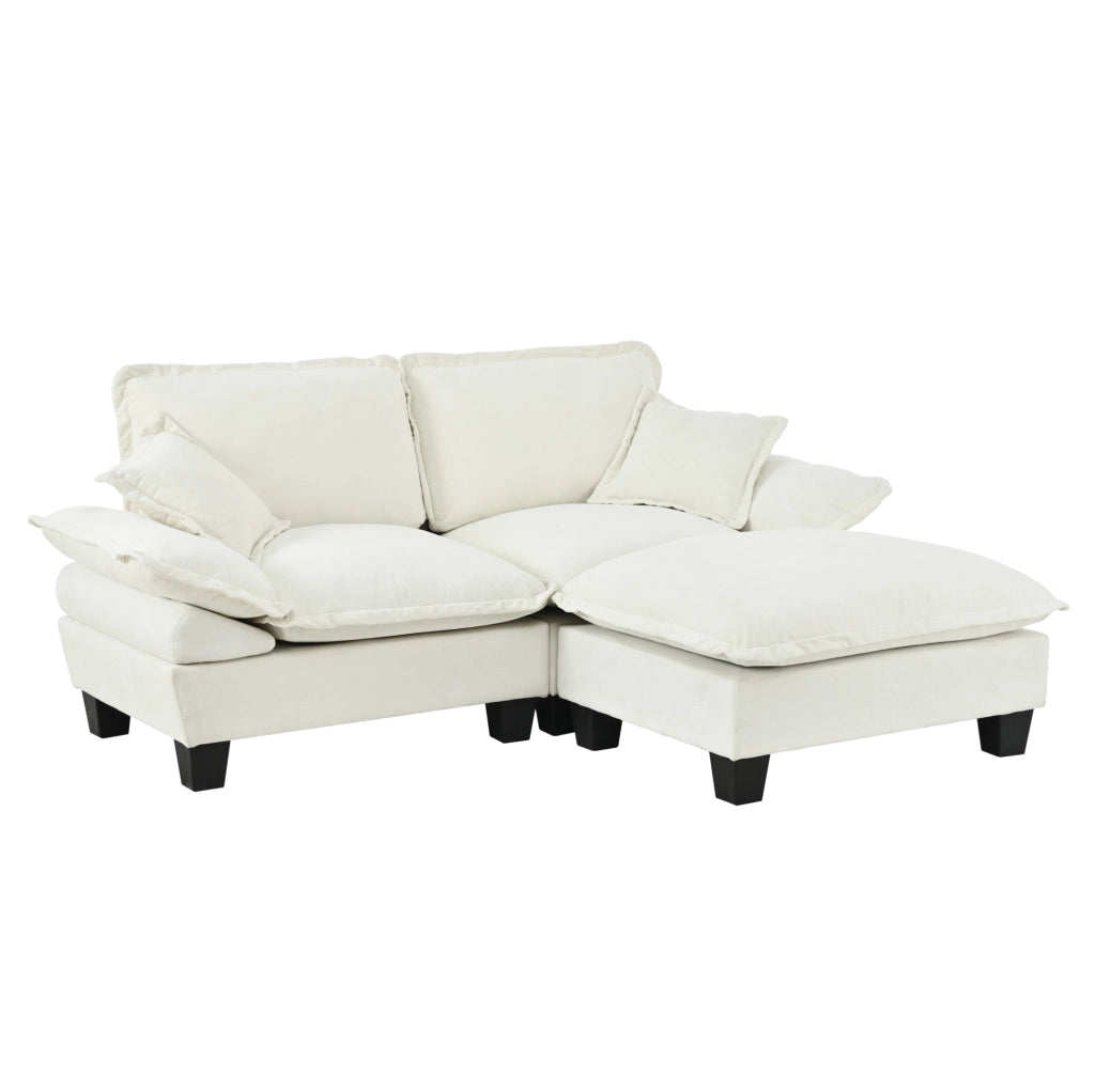 Divano angolare modulare Cloud in chenille beige con pouf mobile e 2 cuscini morbidi, 194x155x90 cm