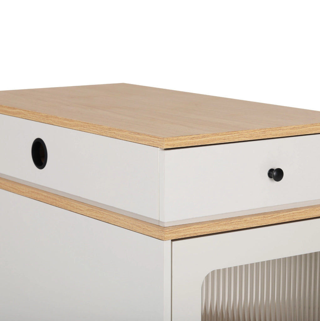Isola da cucina con tavolo estensibile e prese integrate; MDF e vetro; bianco e naturale