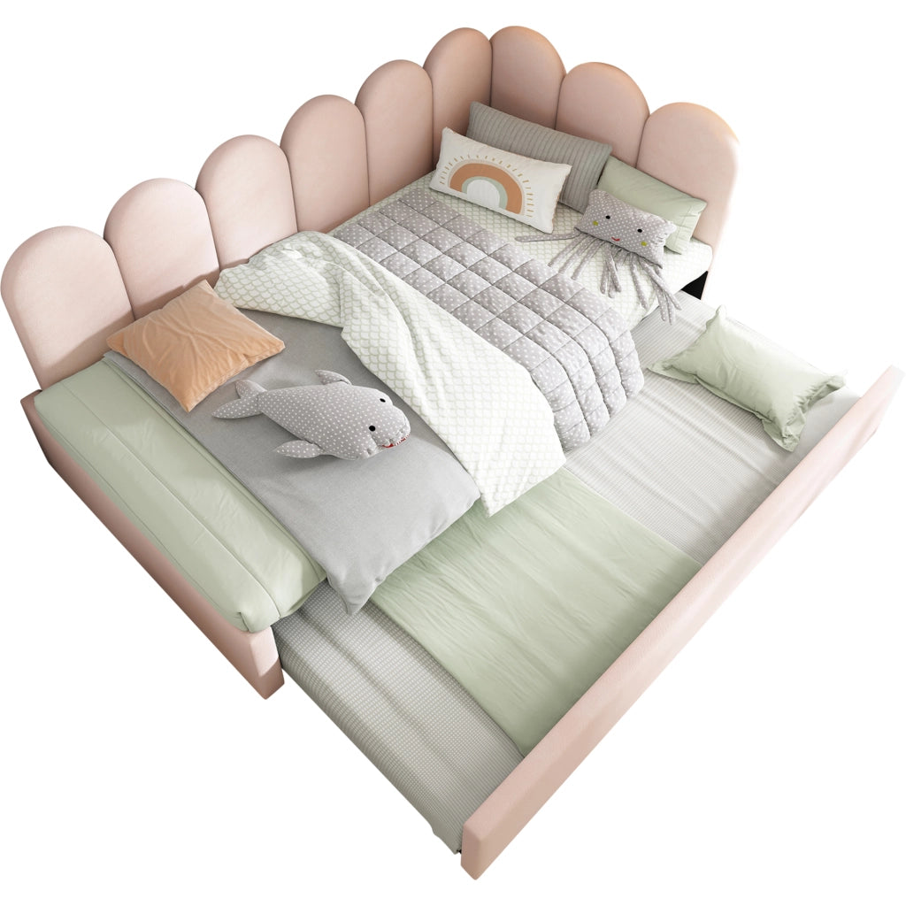 OKWISH Letto Estraibile 90×200 cm, Letto Singolo con Secondo Letto 90×190 cm, Sponde e Schienale Imbottito, senza Materasso, Velluto, Rosa