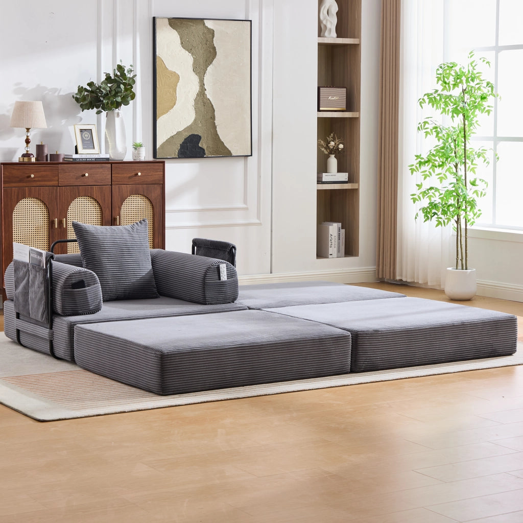 Pouf Convertibile in Divano 1 Posto con Design Pieghevole, in Corduroy, Grigio Scuro
