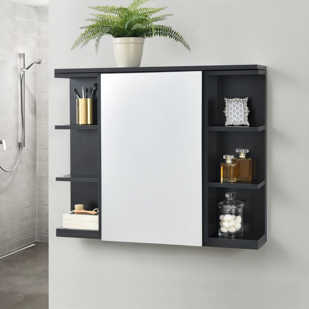 Armadietto da Muro Harstad per Bagno con Specchio Anta e Ripiani Laterali 64x80x20 cm - Nero [en.casa]