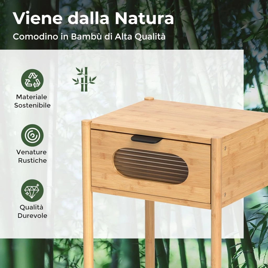 Comodino Camera da Letto in Bambù, Comodino con Cassetto in Vetro Temperato e Maniglia, Tavolino da Letto Piccolo con Gambe Rialzate per Soggiorno, Cameretta e Spazi Ridotti, Naturale (1)