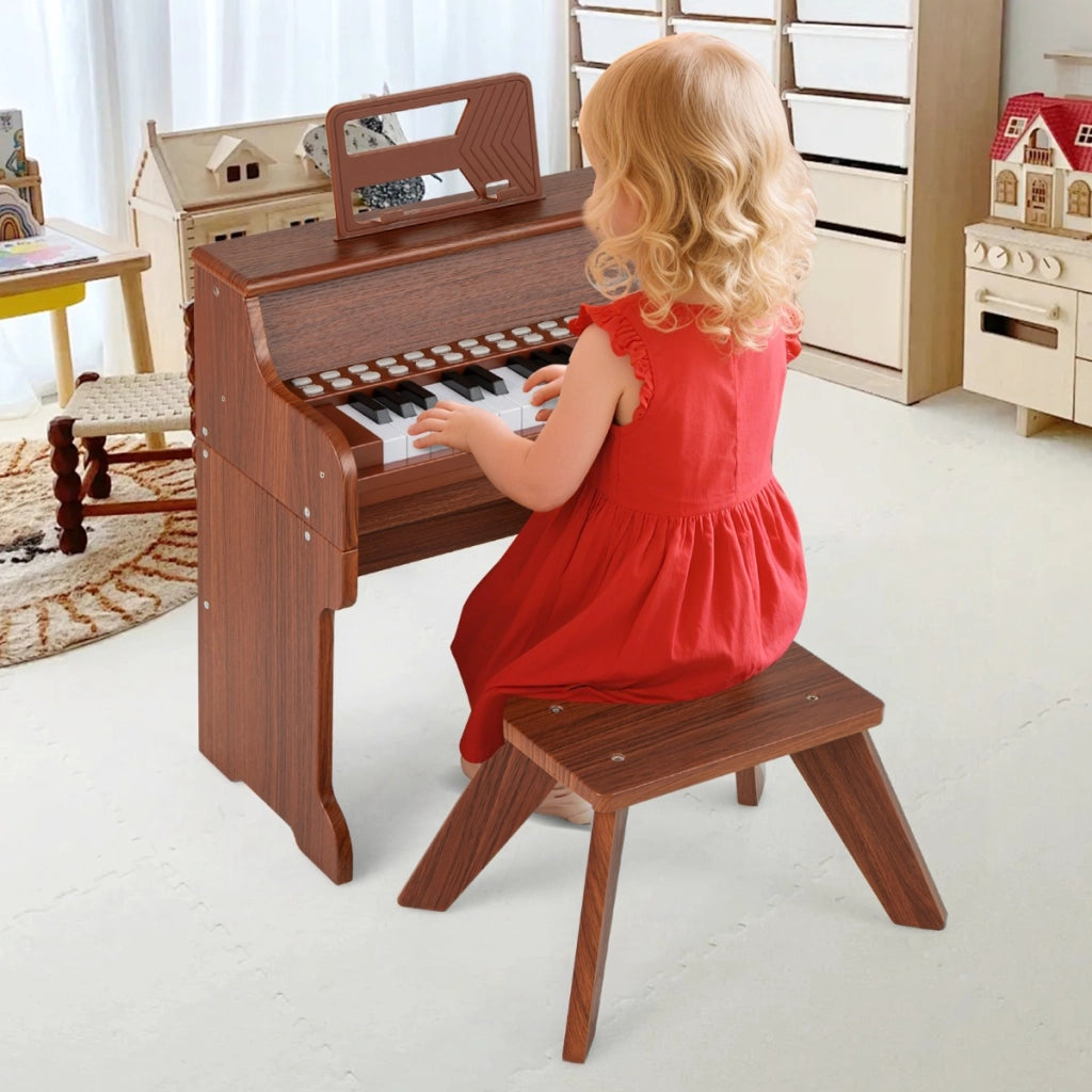 Mini tastiera pianoforte per bambini a 25 tasti con sgabello, Mini pianoforte digitale in legno con velocit¨¤ regolabili Marrone-Tastiere elettriche