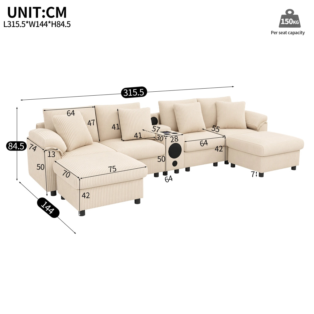 Divano modulare con altoparlante Bluetooth console di ricarica USB e Type C in tessuto a coste beige