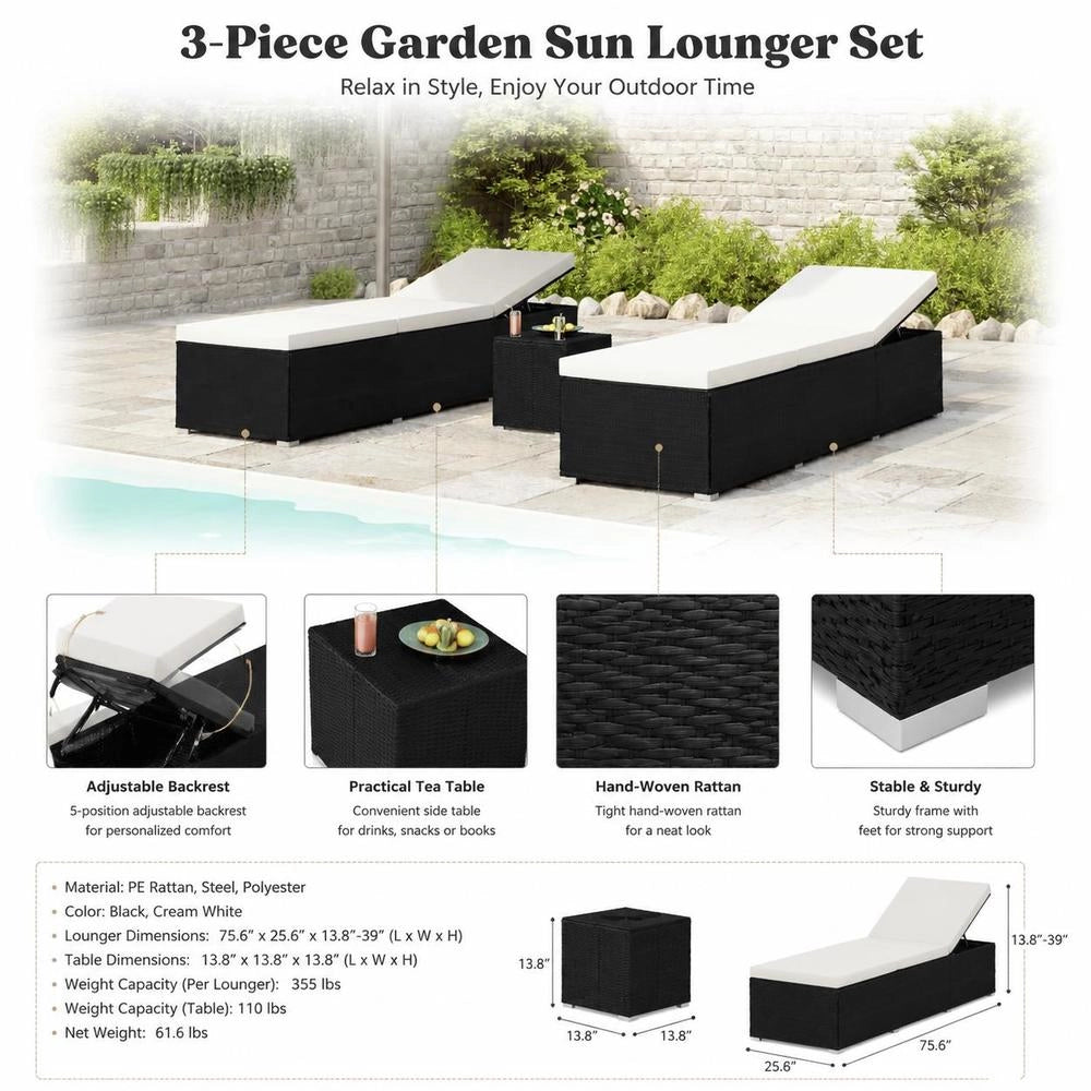3-piece Garden Sun Loungers With Tea Table, Poly Rattan, Black