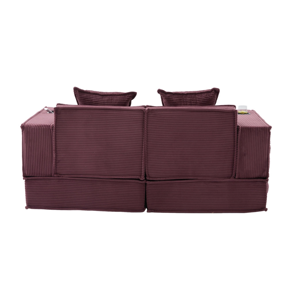 Divanetto pouf modulare in velluto a coste rosso vino con tasche laterali e 2 cuscini; 162 x 78 x 66 cm