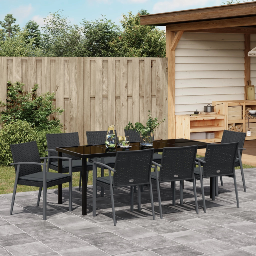 Set da Pranzo da Giardino 9 Pezzi con Cuscini in Rattan Nero