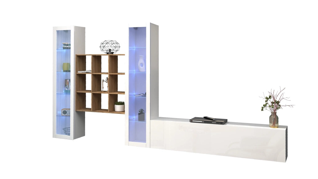 Parete attrezzata bianca mobile TV libreria in legno 2 vetrine Onir WH