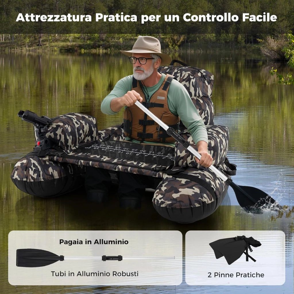 Galleggiante da Pesca Gonfiabile, Barca da Pesca Portatile con Spallacci, Pompa Manuale, Remi, Pinne, Supporto per Canna da Pesca, Righello per Pesci e Spazi di Stoccaggio, Portata 150 kg