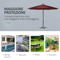 Ombrellone da Esterni 3x2.5 m Decentrato Rosso Scuro, in Poliestere Anti-UV e Acciaio con Manovella