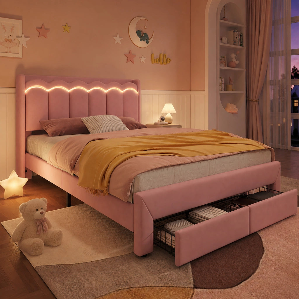 Letto imbottito per bambini 140 ¡Á 200 cm in velluto rosa con 2 cassetti e LED controllata tramite app