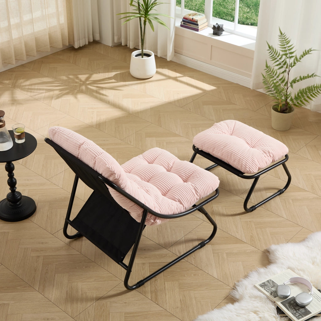 Poltrona da giardino reclinabile con poggiapiedi in acciaio rosa con cuscino, moderna, 65 × 78 × 86 cm
