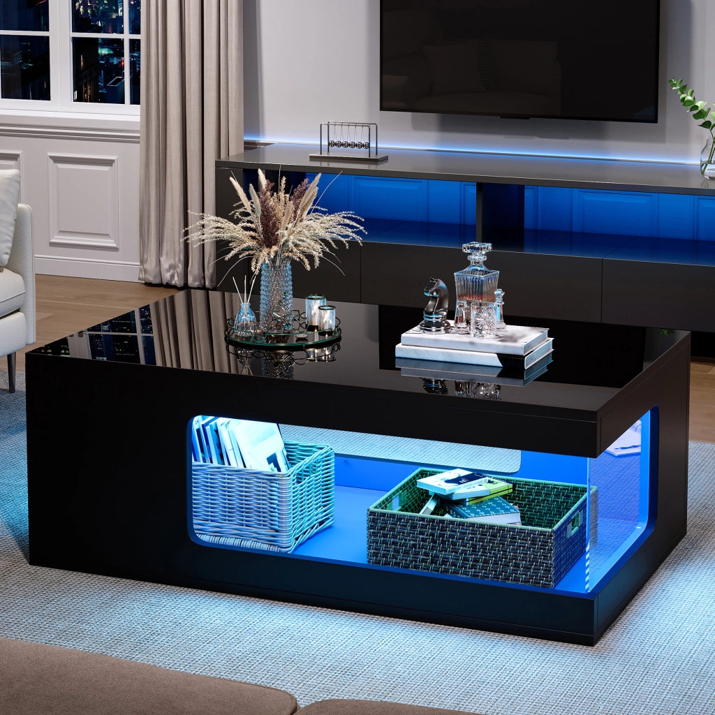 Tavolino da Caff¨¨ con LED e Vetro Temperato ¨C MINIMAL ¨C Nero, 100x50x35