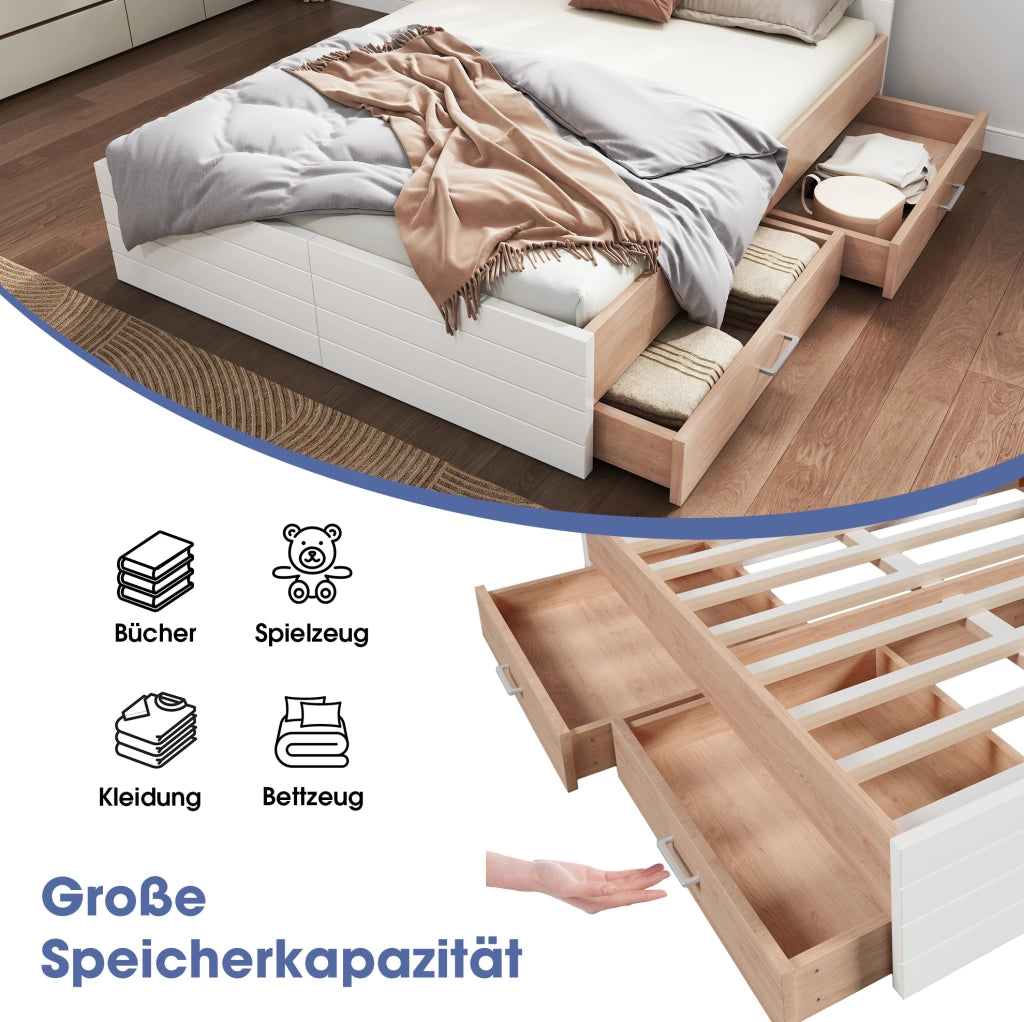 Letto matrimoniale 180x200 cm con 2 cassetti; rete a doghe; bianco e rovere