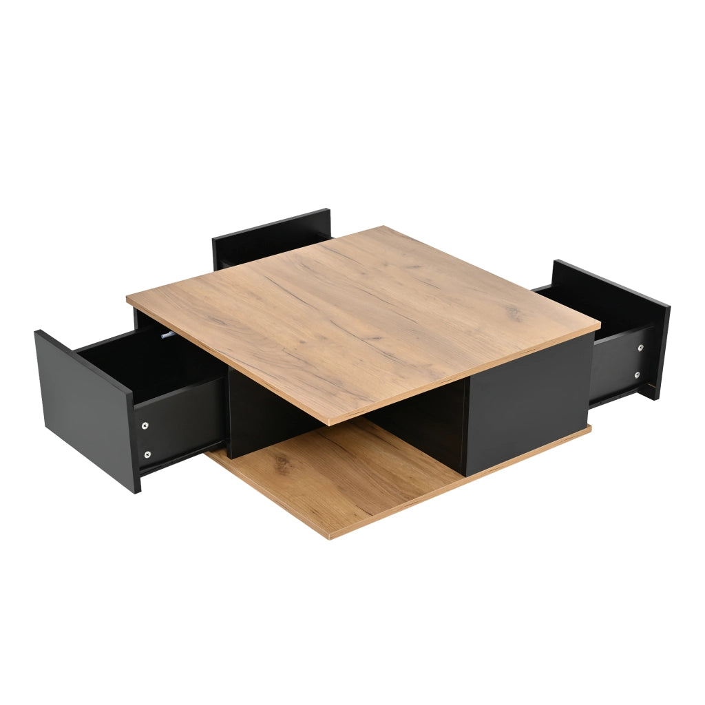Tavolino da caff¨¨ quadrato 70 x 70 x 31,5 cm con 3 cassetti e vano aperto, colore nero e finitura legno