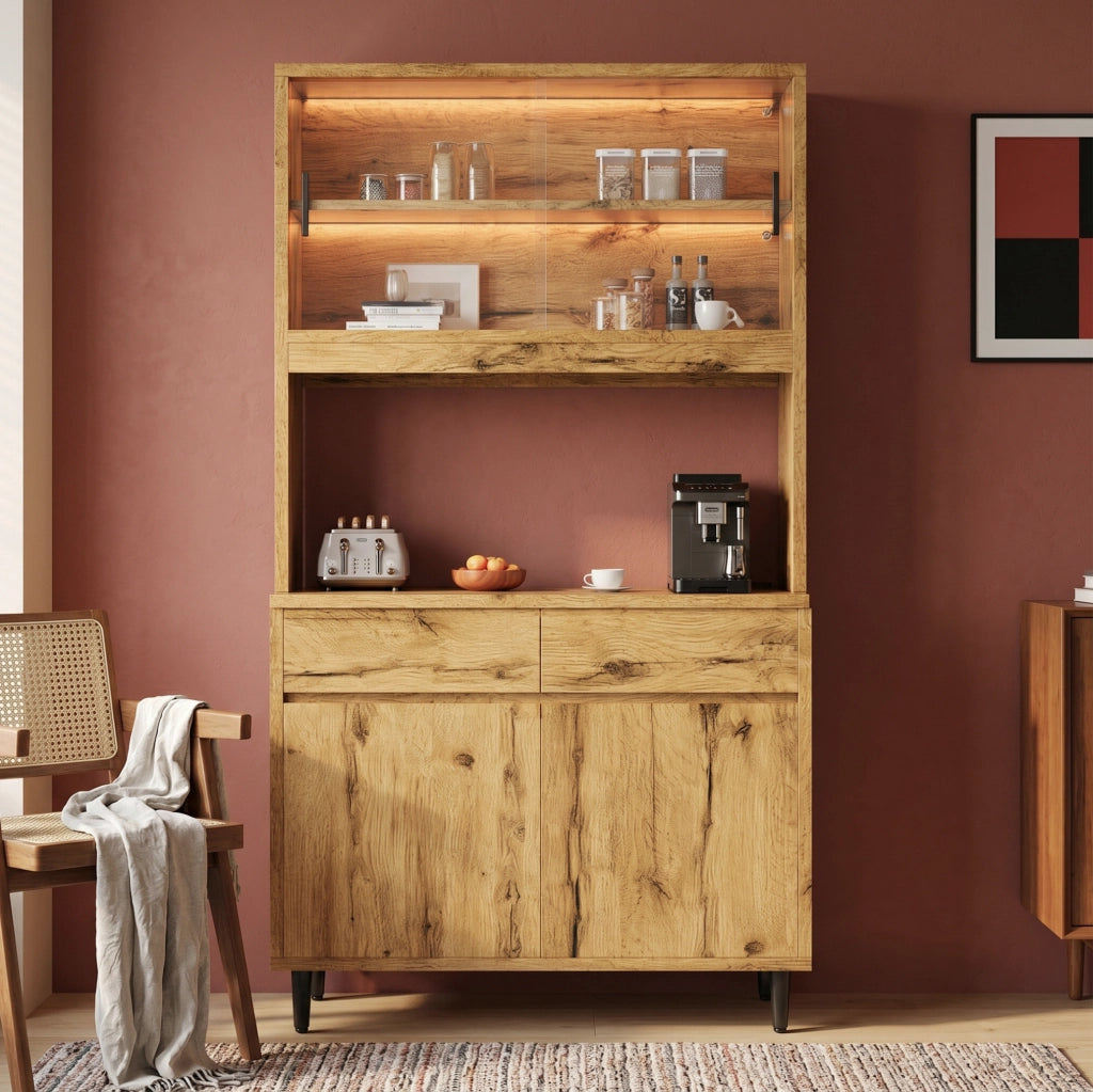 Mobile buffet con illuminazione LED, prese integrate USB-C e USB-A, 100x40x185 cm, colore quercia