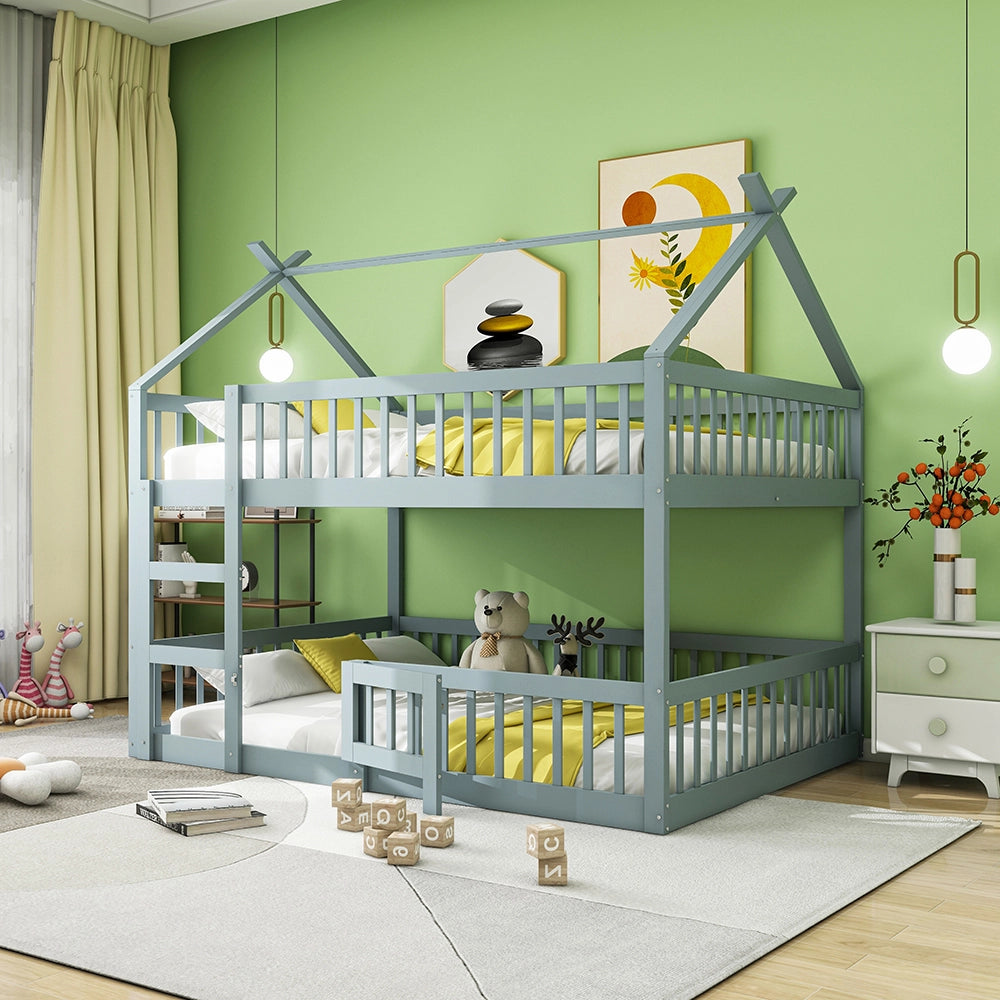 Letto a castello con scala - Xylo - 140x200 cm - Grigio - Design loft in legno massello