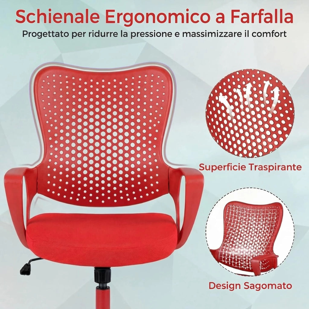 Sedia da Ufficio Ergonomica, con Schienale Reclinabile, Regolabile in Altezza, Sedia Scrivania con Seduta Girevole 360°e Ruote per Ufficio, Studio e Soggiorno, Portata 150 kg (Rosso)