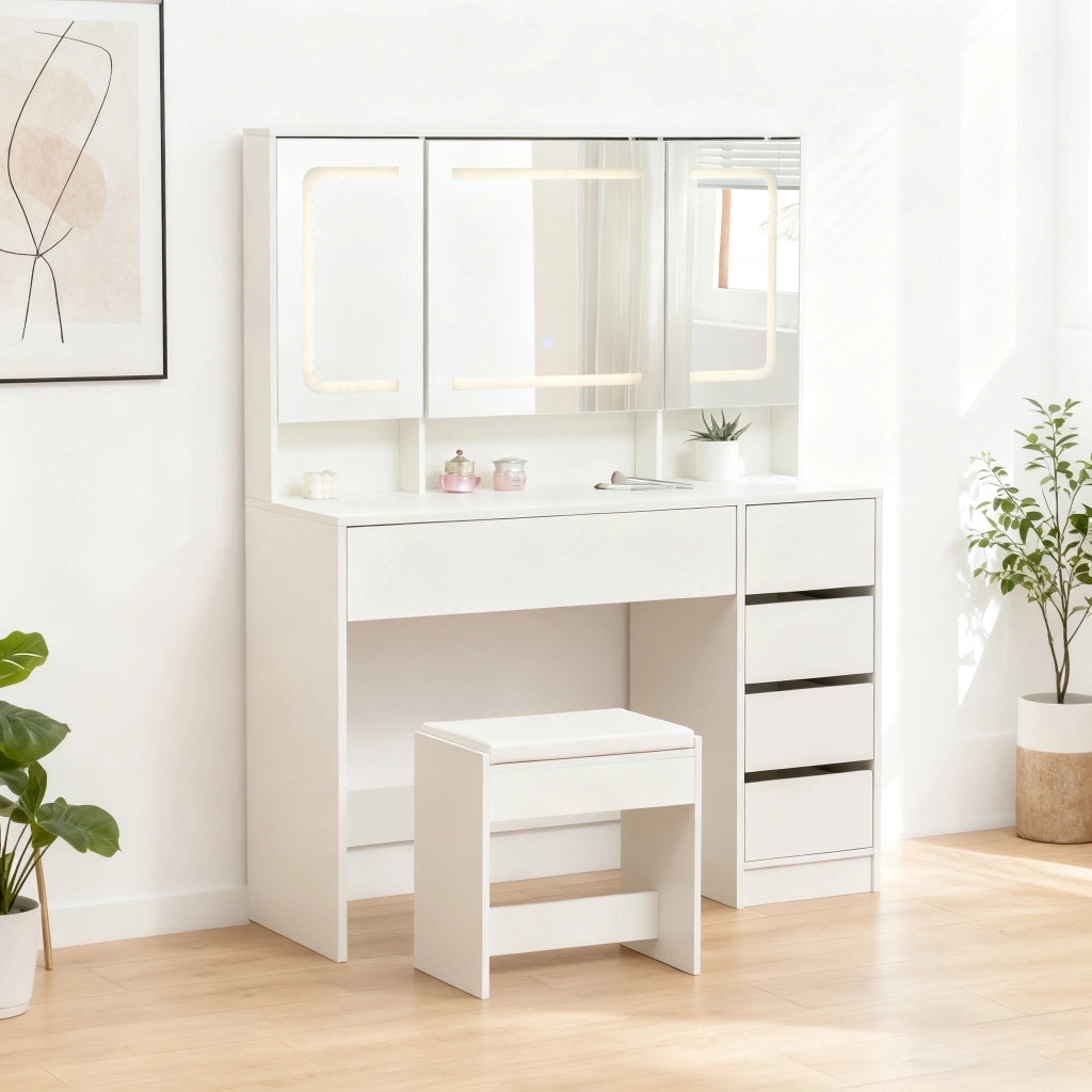 Toeletta con specchio scorrevole; 3 cassetti; LED e sgabello per camera da letto bianca