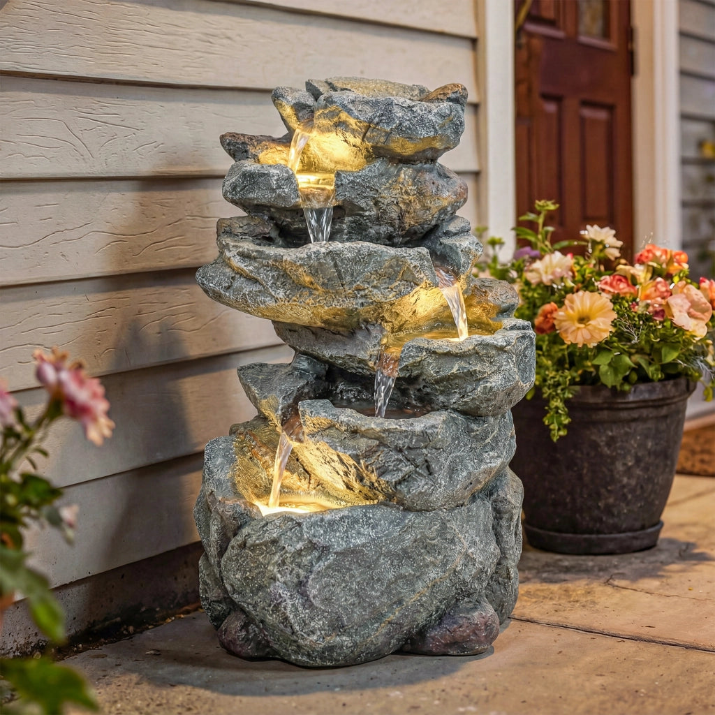 Fontana da Giardino a Cascata 6 Livelli ¨C zephmum ¨C Resina Pietra Naturale 33x27x53 cm Grigio