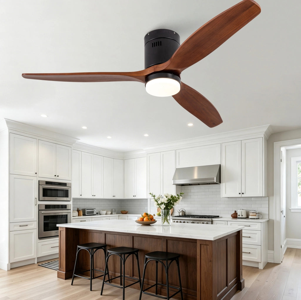 Ventilatore da soffitto 52" a 3 pale in legno massello con LED dimmerabile; nero e noce scuro