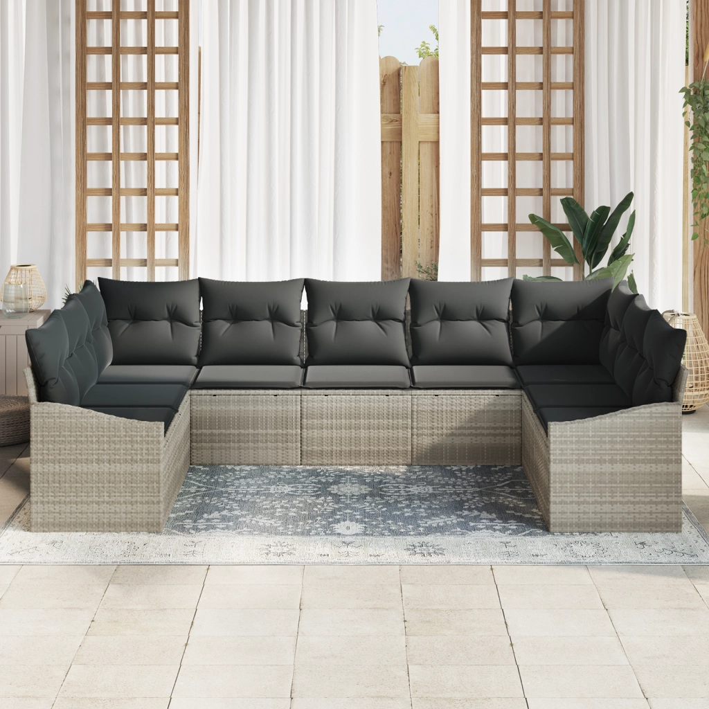 Set Divano da Giardino 9 Pezzi con Cuscini in Rattan Polietilene Grigio Chiaro
