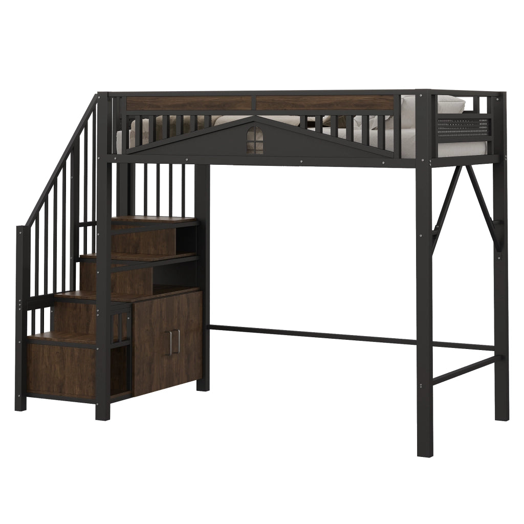 Letto a castello in metallo e legno nero 90x200 cm con recinzione di sicurezza e scala integrata