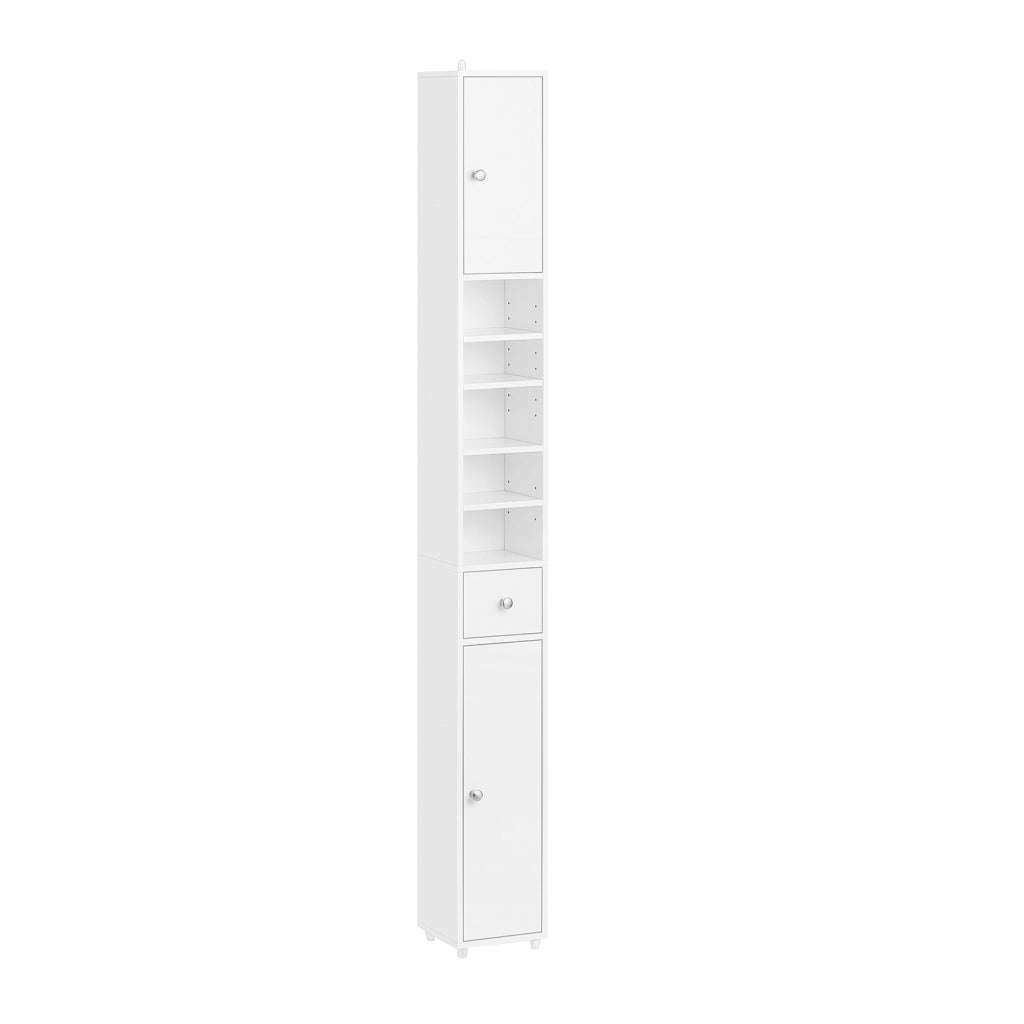 SoBuy Armadio colonna bagno, Mobile alto con 2 Ante e 1 cassetto, Mobiletto salvaspazio per Bagno, Lavanderia, WC o Cucina 20x20x180 Bianco Lucido BZR167-GW