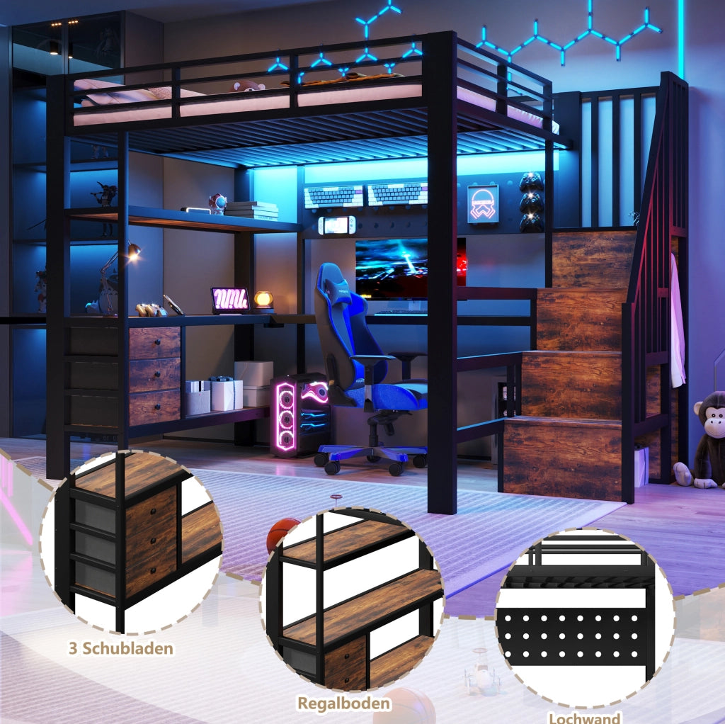 Letto a soppalco in metallo con scrivania, cassetti e LED