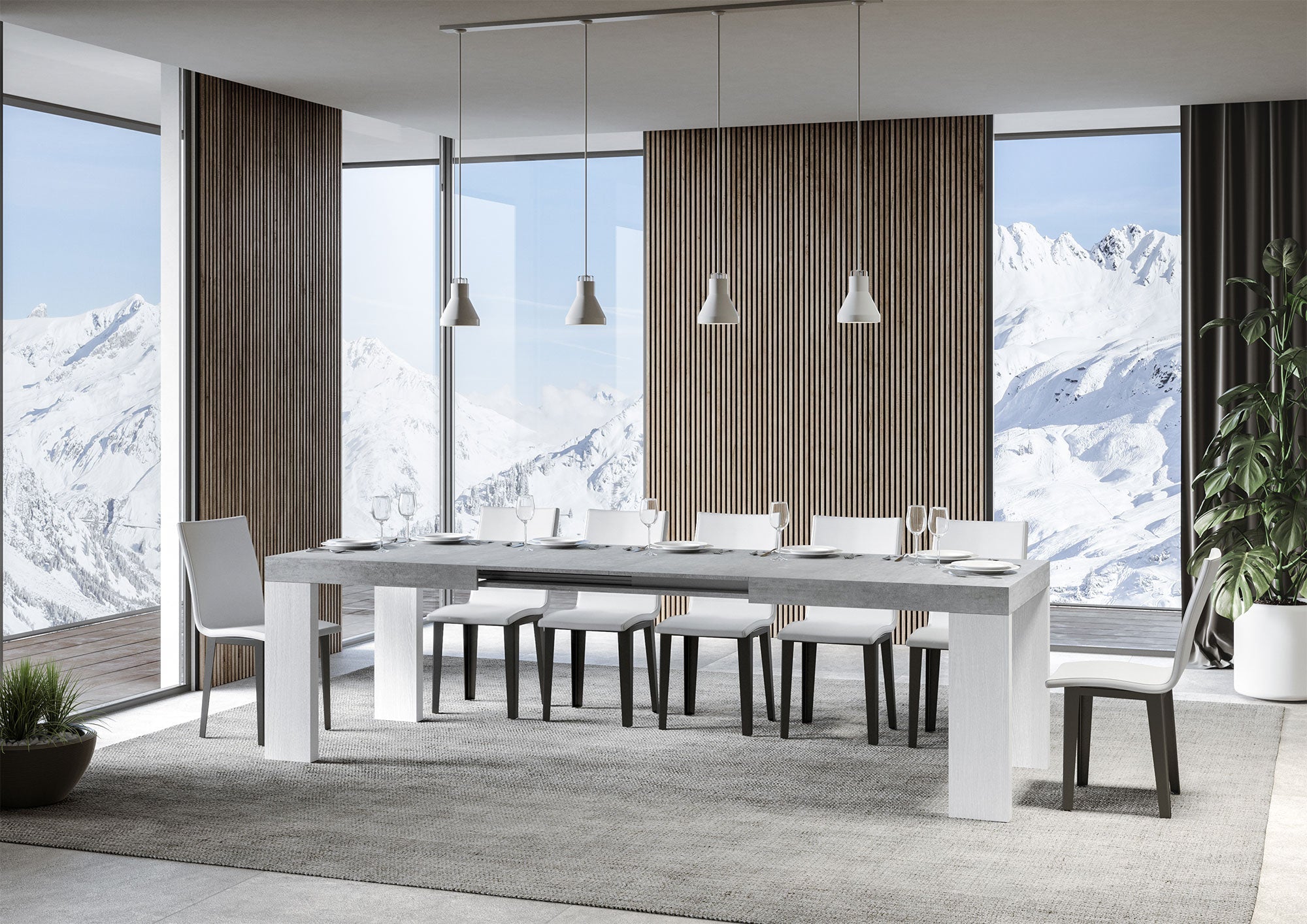 Tavolo Allungabile 180/440x90x77 cm Roxell Mix piano Cemento gambe Bianco Frassino