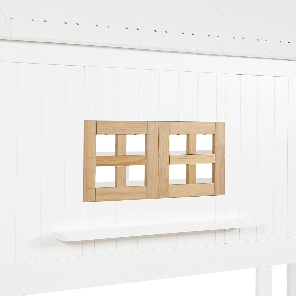 DESMIU Letto a castello per bambini 90 × 200 cm con finestre, tetto e 2 cassetti, senza materasso, bianco e naturale