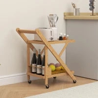 Carrello da Cucina Portavivande Pieghevole a 2 Livelli con Portabottiglie in Legno di Bambù