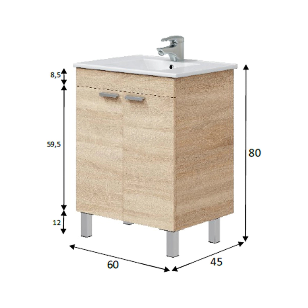 Polino, Mobile Sottolavabo 2 Ante, 60x45x80h cm Marrone Rovere