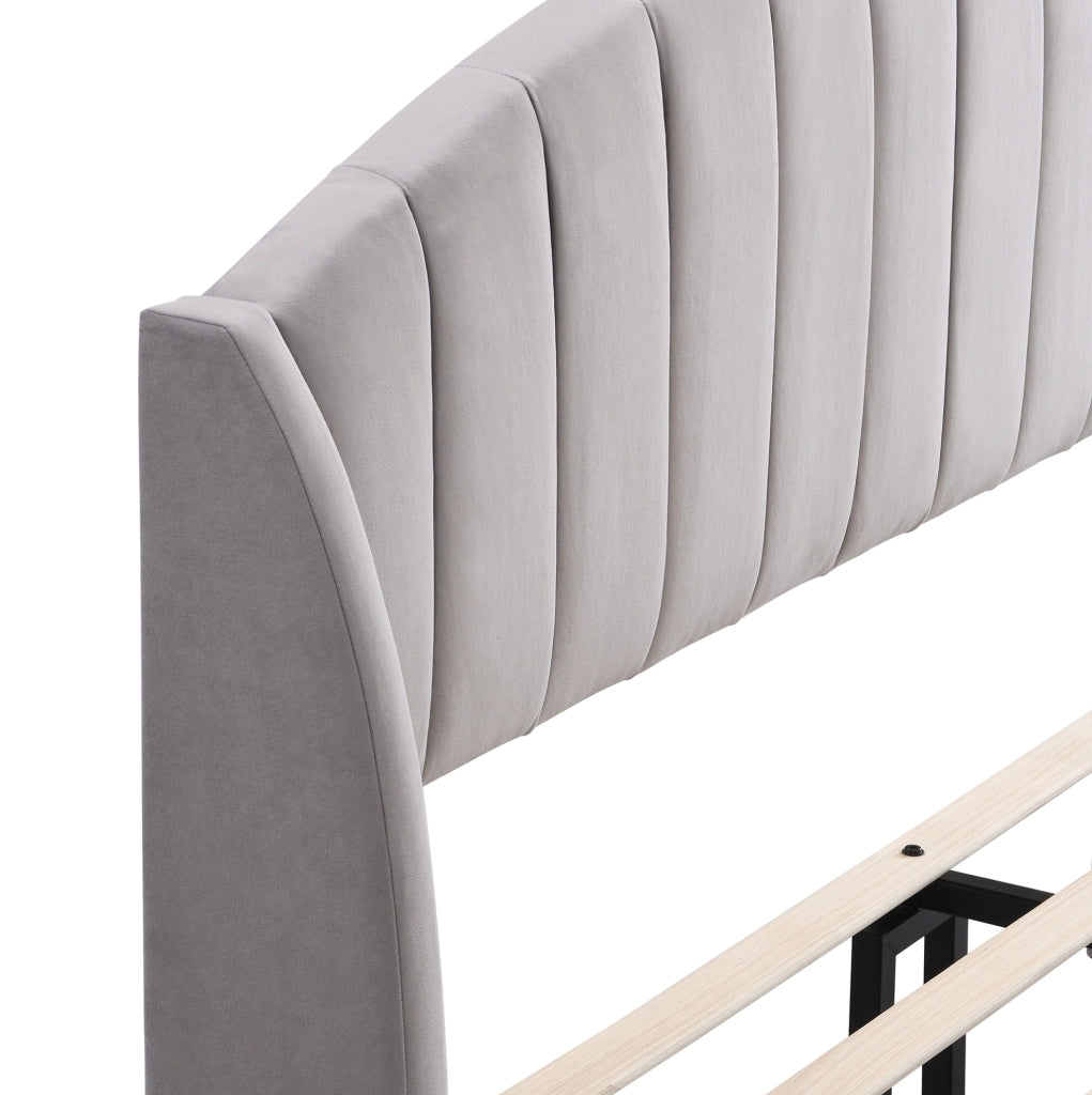 Letto imbottito 140x200 cm con rete a doghe e testiera; in velluto grigio