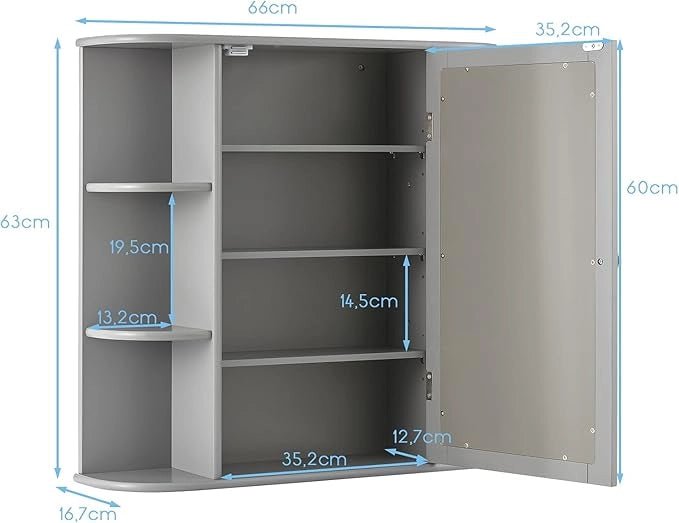 Armadietto del Bagno con Specchio, Armadietto di Legno Appeso con Mensole Regolabili, Armadietto dei Medicinali Multiuso per Bagno Salone Cucina (Grigio)