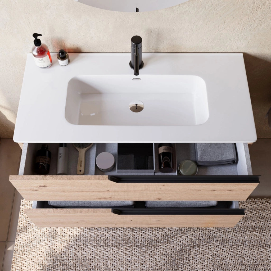 Mobile bagno 80cm sospeso rovere cartagena - jaguar, selezione accessori con specchio
