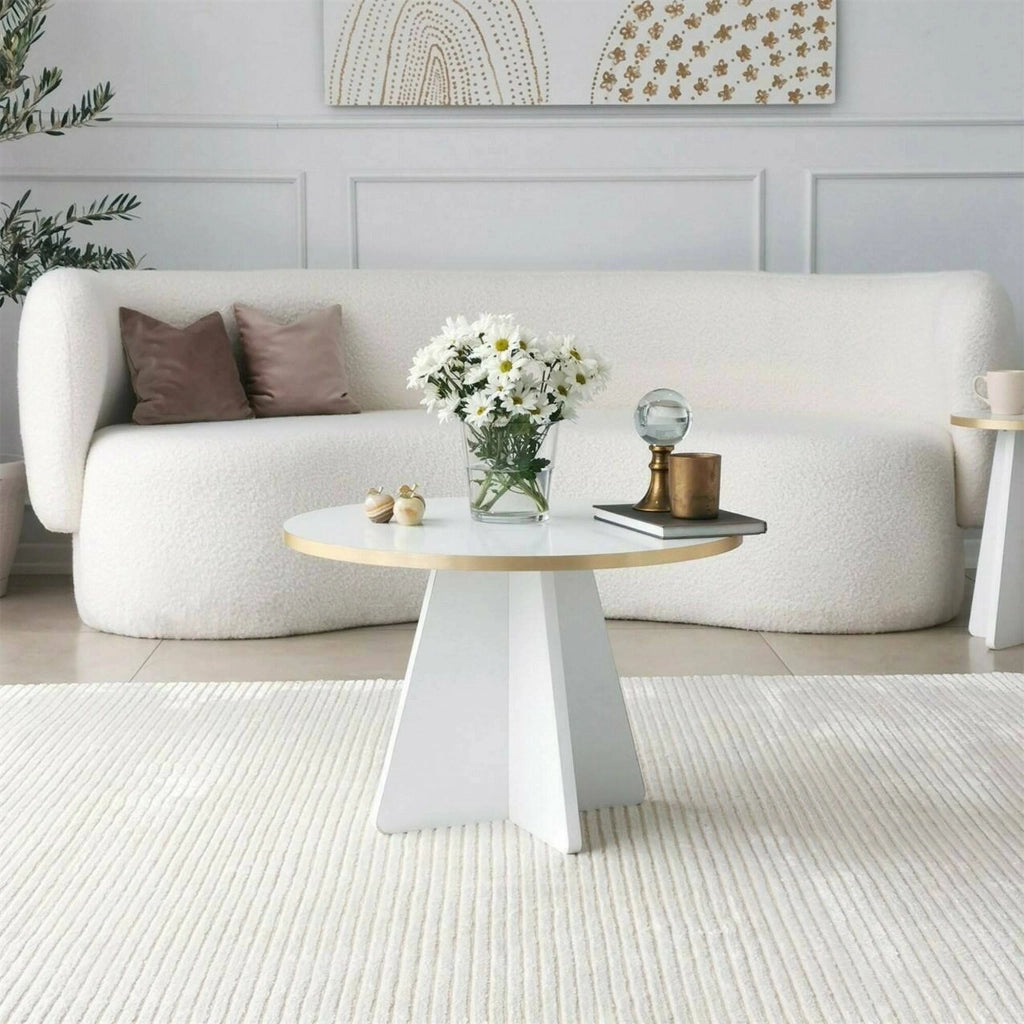Tavolino da salotto Armanda, Tavolo basso da caffè, Portariviste per divano, Ripiano da soggiorno, 60x60h40 cm, Oro e Bianco