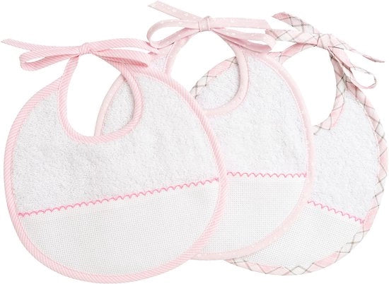 Set di 3 pannolli per bambine in cotone bianco con sacchetto Aida per cucire, protegge i vestiti dei bambini contro la spugna e il vomito, 100% Made in Italy, bianco e rosa