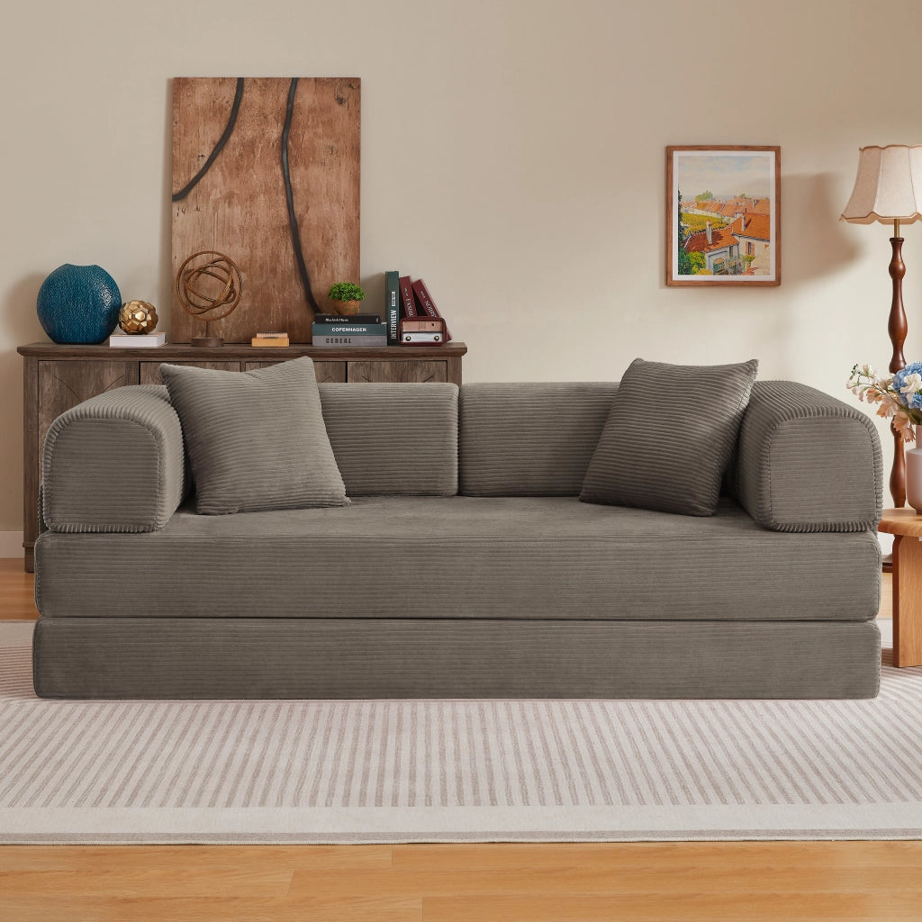 Divano letto in schiuma con due materassi da 17 cm e struttura in acciaio cromato, 2 cuscini, taupe