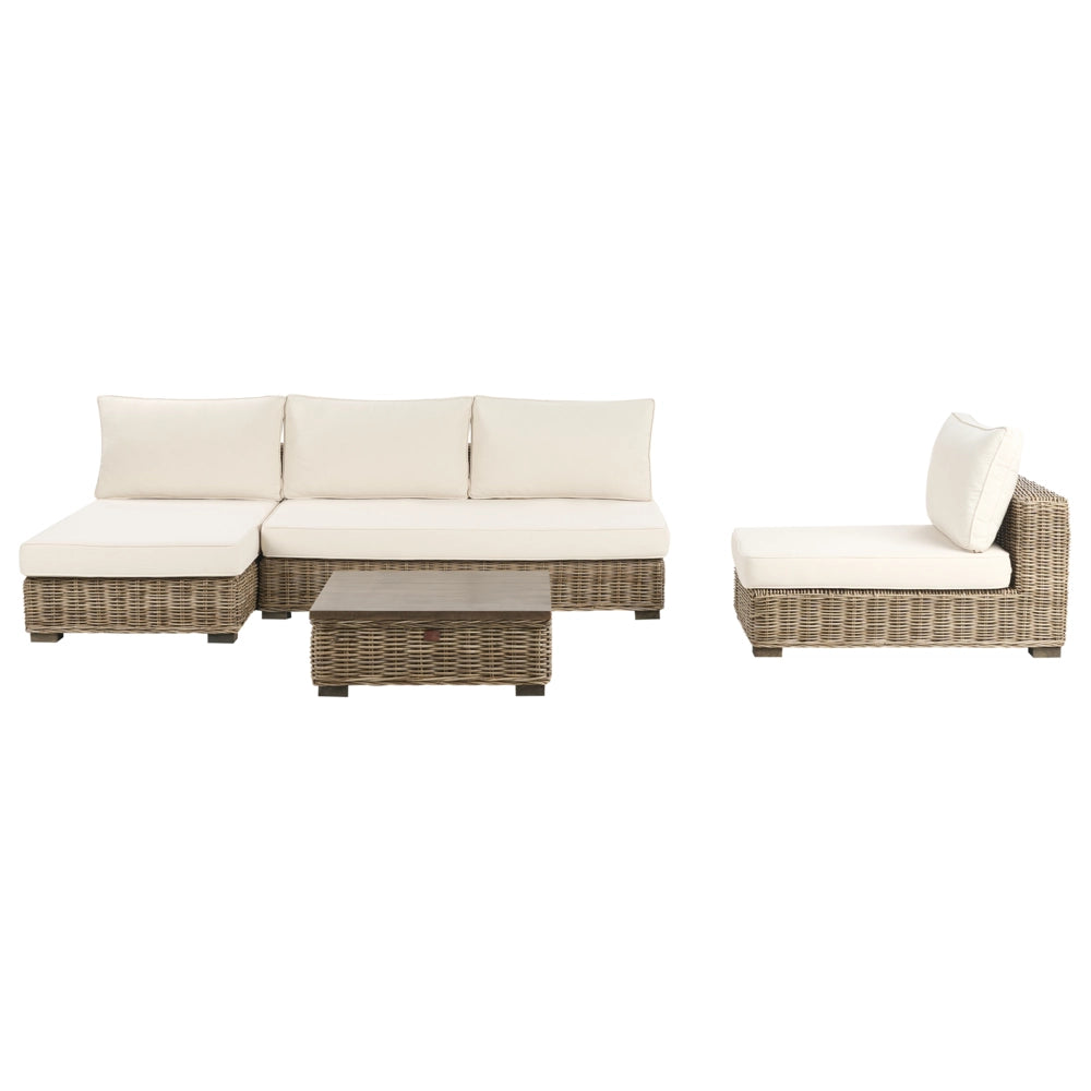 Set salotto da giardino grigio in rattan naturale divano da esterno con tavolino destro