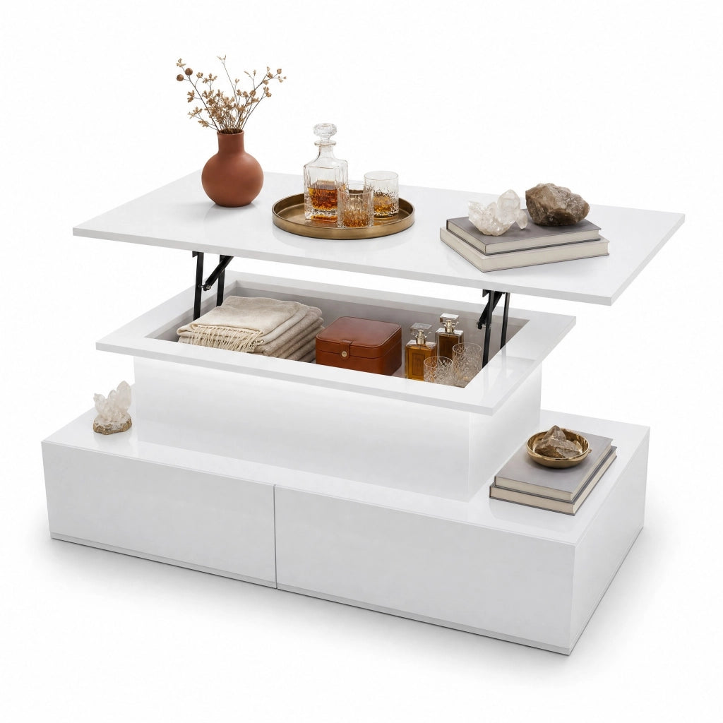 Tavolino da caffè LED con piano estraibile e 4 cassetti; 90x55x41 cm; bianco