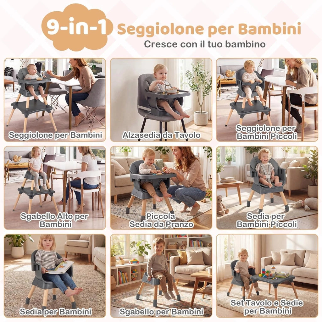 Seggiolone Pappa per Bambini, Seggiolone Convertibile con Cintura e Vassoio Rimovibile, Sedia Evolutiva per Neonati, Telaio in Legno Massello, per Neonati 6-36 Mesi (Grigio Scuro)