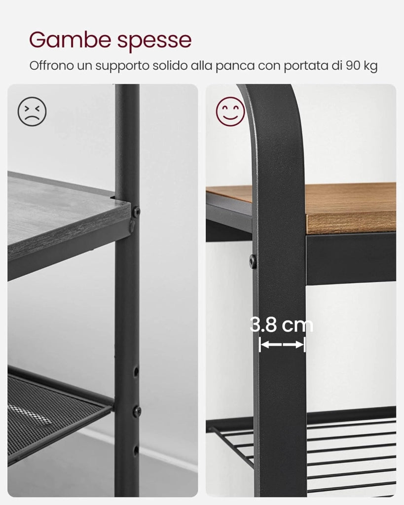 VASAGLE Appendiabiti con Scarpiera, Mobile da Ingresso con Panca, 4 in 1, 9 Ganci Rimovibili, Barra Attaccapanni, Entrata Corridoio, 33,7 x 77 cm, Industriale, Noce Medio e Nero HSR040B41