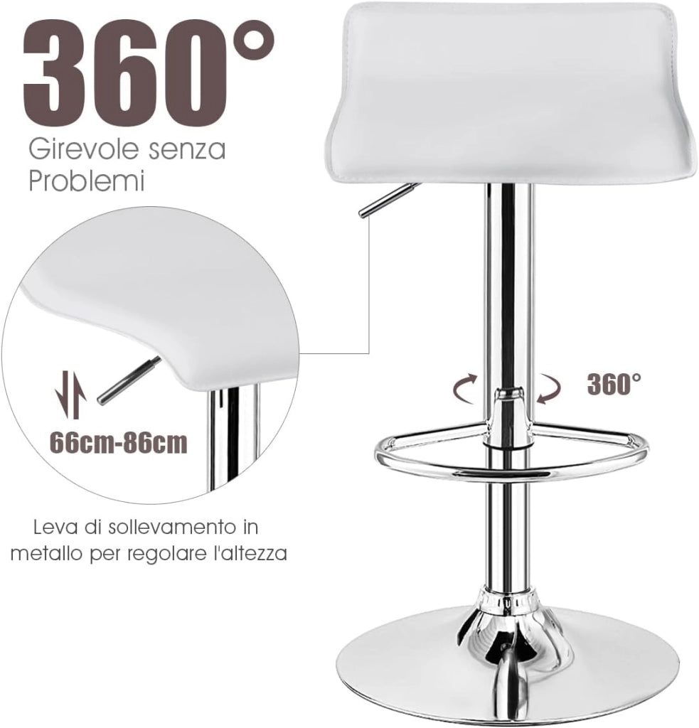 Set di 2 Sgabelli Girevoli da Bar, Sgabello Regolabile in Altezza per Bar, Rotazione a 360°, Sgabelli da Bar senza Braccioli, con Poggiapiedi, Portata 120 kg (Bianco)