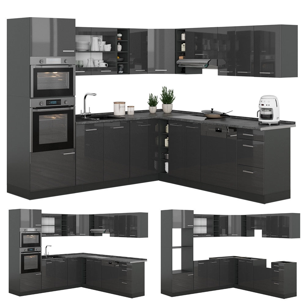 Cucina angolare completa R-Line Antracite lucido/Antracite 247 x 237 cm, PL Marmo Vicco