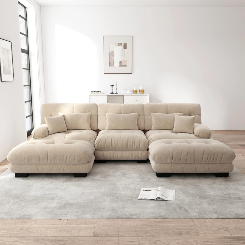 Divano modulare con ottomane mobili in chenille color caffè chiaro; seduta profonda
