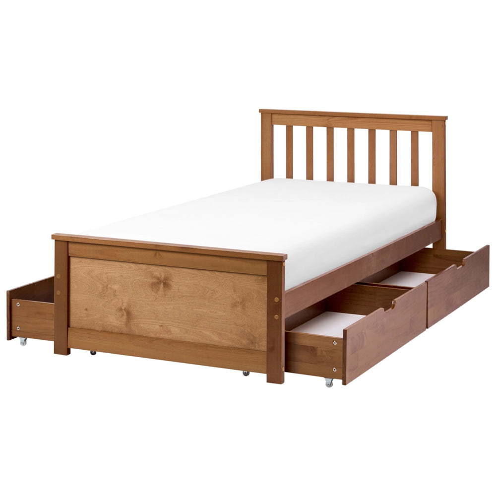 Letto singolo Legno di Pino Bianco con Rete a Doghe Minimalista 90 x 200 cm Testiera a doghe minimalista con 4 cassetti