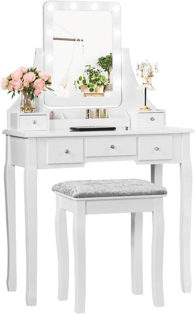 Mobile Trucco in Legno, 2 in 1 Set di Tavolo Cosmetici con Sgabello Imbottito, Specchio Rimovibile Girevole 360°, 10 LED Dimmerabili e 5 Cassetti, Moderno e Durevole, 80x40x135,5cm (Bianco)